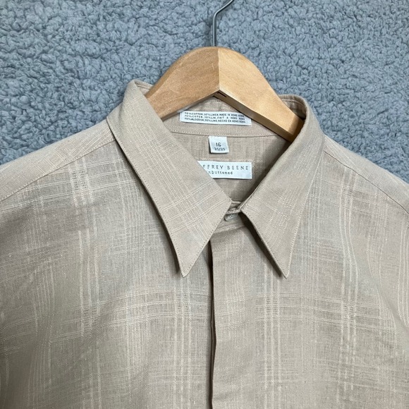 NWT Vtg Geoffrey Beene Unbuttoned Button Down Shirt Men 16 34/35 Linen Tan Plaid - Picture 5 of 11